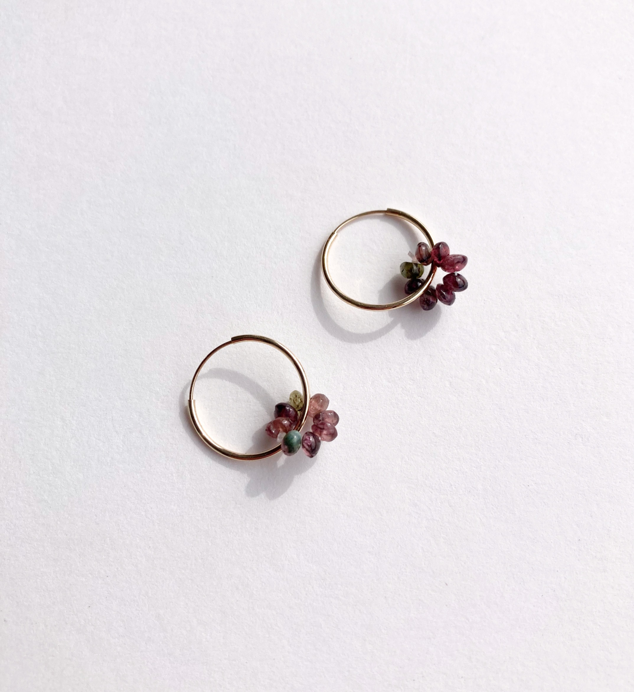 14k gold hoops with garnet beads