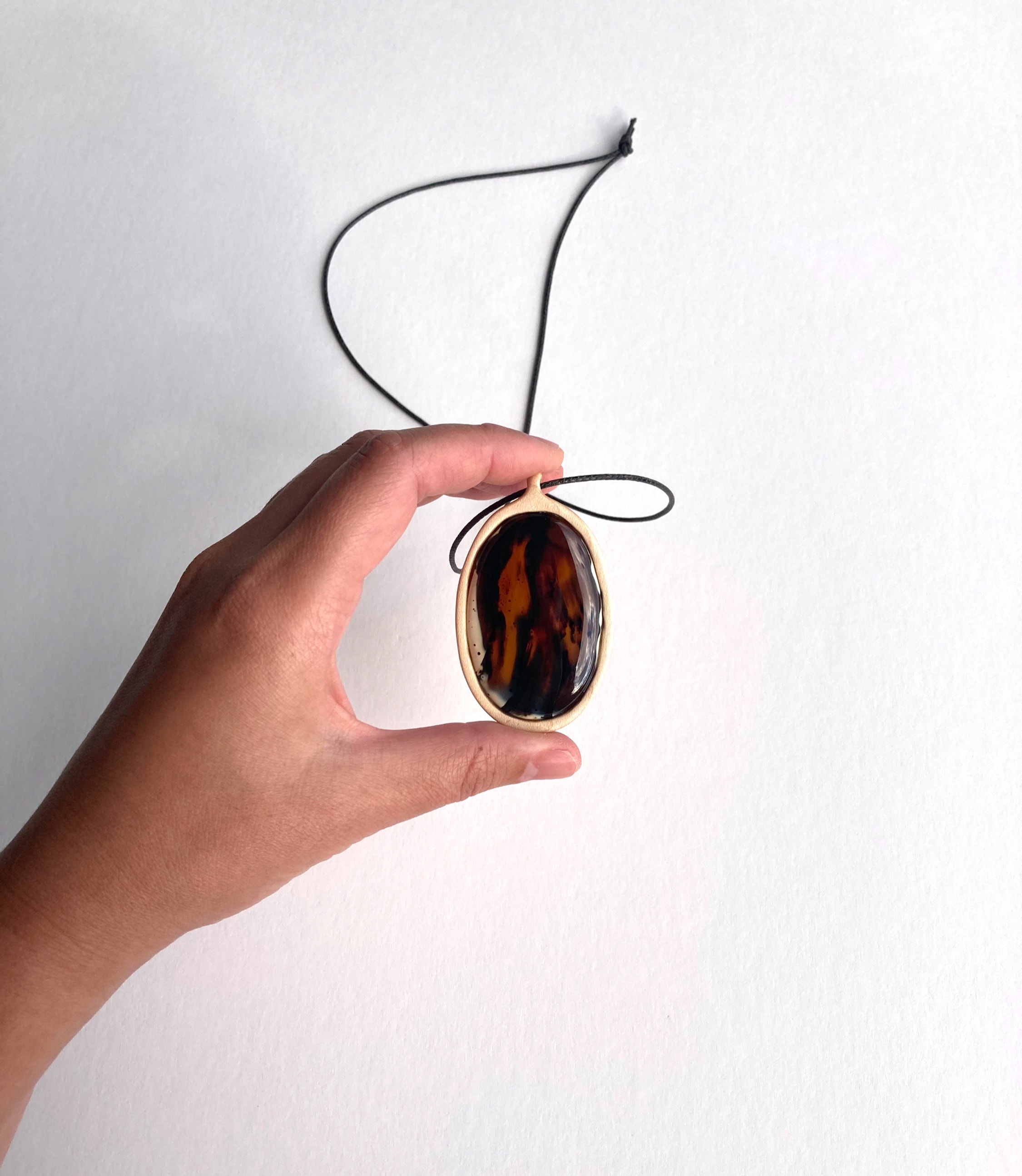 Agate gemstone in maple wood bezel pendant necklace